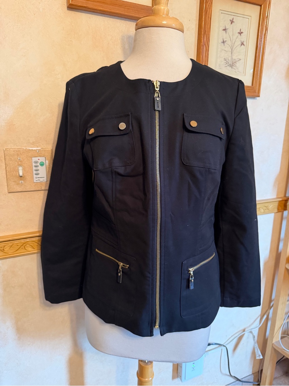 Charter Club Black Collarless Zip-Front Utility Jacket